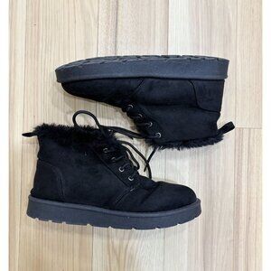 Womens Black Faux Fur Lined Lace-Up Ankle Boots With Chunky Sole Size 9
